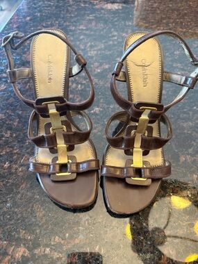 Calvin Klein Dark Brown Leather T-Strap Heels with Gold Hardware